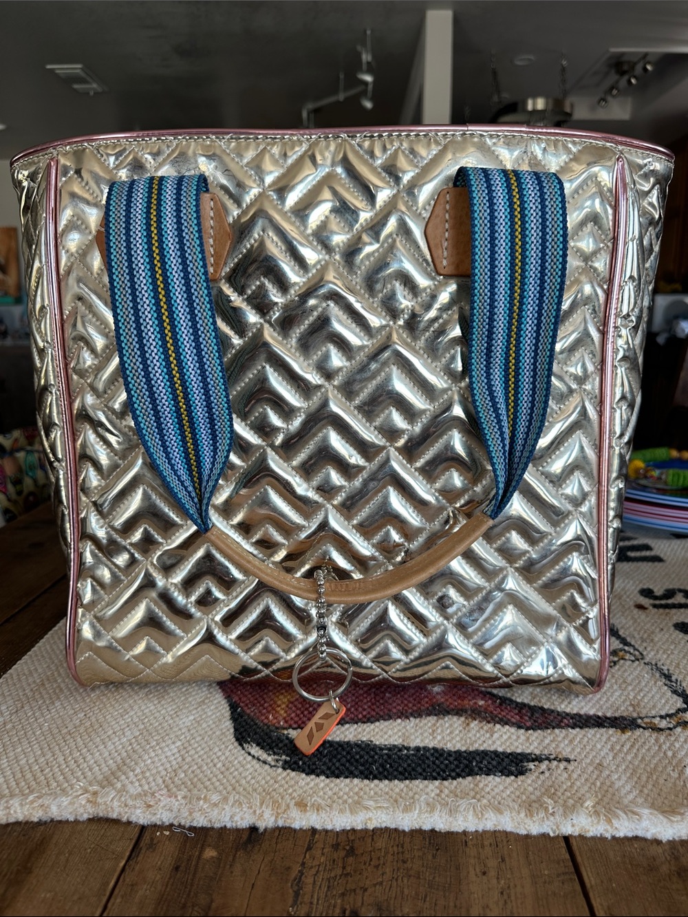 Consuela Evadny Metallic Silver Quilted Tote with Blue Striped Handles